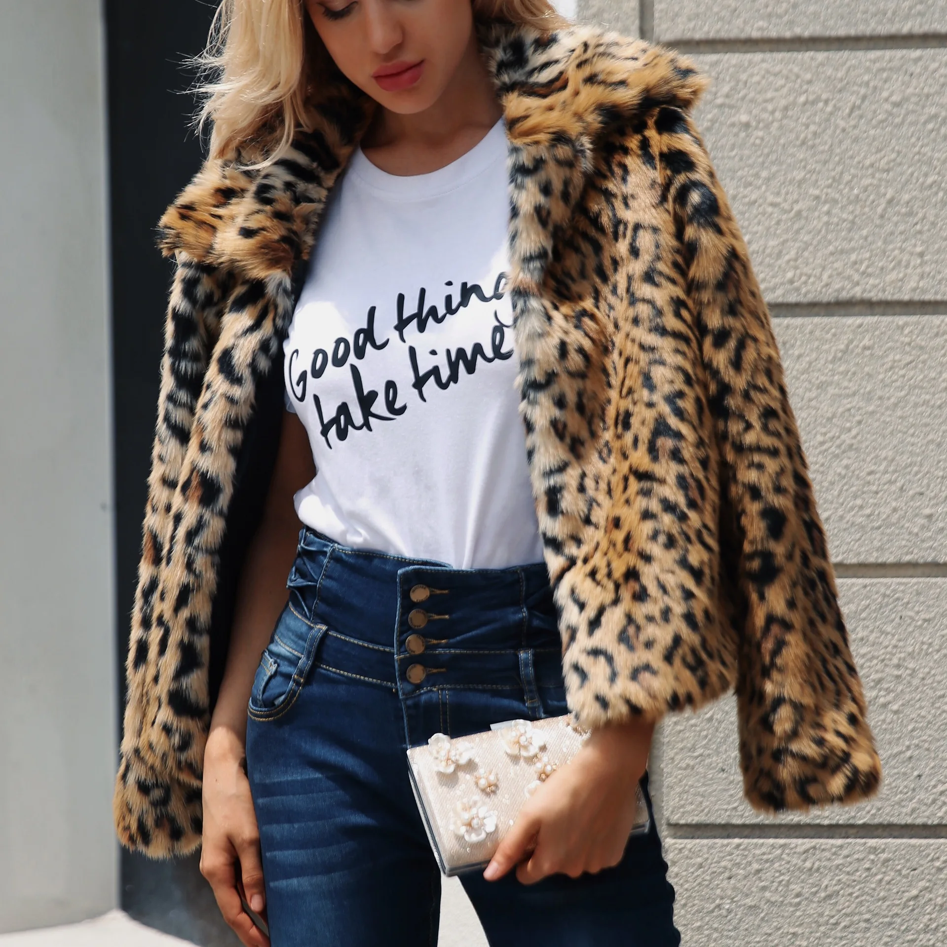Women's Fur Jacket Fashion Leopard Print Imitation Fur Turn-down Collar Coat Female Autumn and Winter Plush Faux Fur Coat