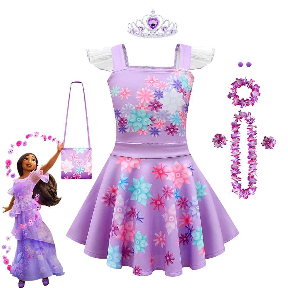 

Disney Encanto Dress for Girls Isabella Cosplay Costumes Kids Princess Purple Flowers Petal Lace Sleeve Knee Length Summer Dress