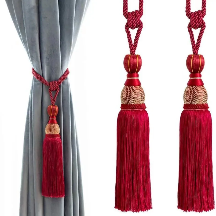 

High End European Style Gold Wire Tennis Ball Tassel Silk Rayon Polyester Fringe with Rope for Curtain