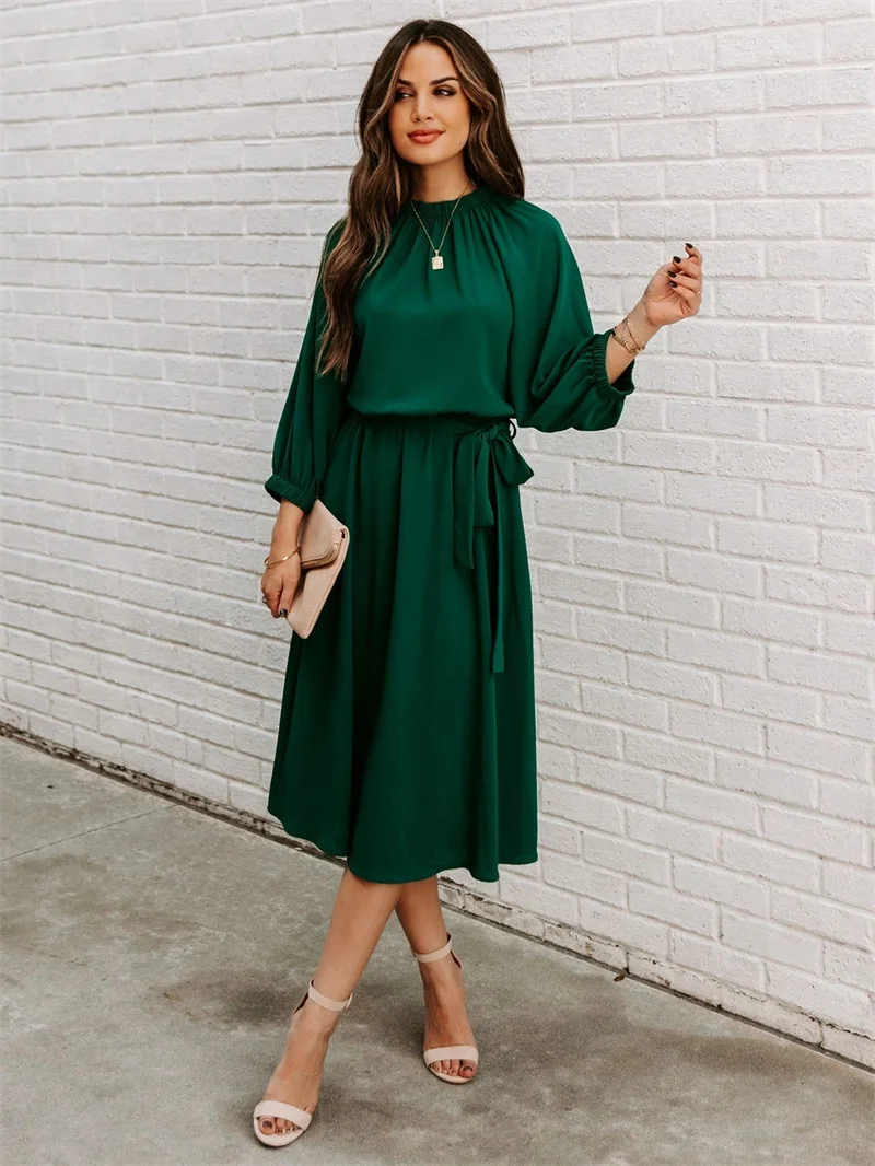 

Женское Повседневное платье-трапеция, длинное платье с длинным рукавом и круглым вырезом, модель SS3888 на весну и осень