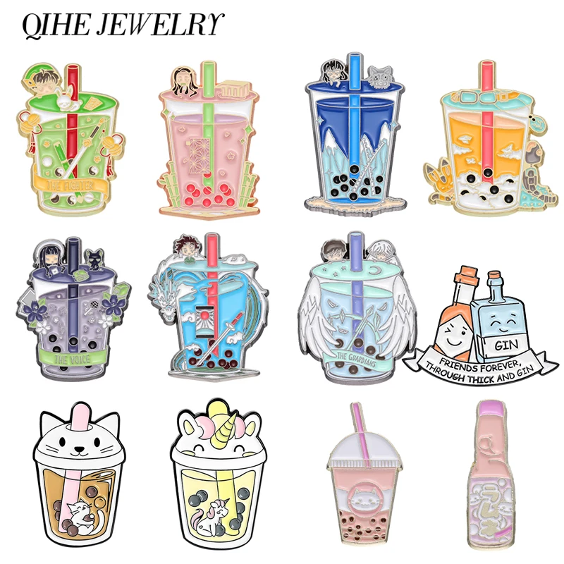 

Cartoon Colorful Boba Milk Tea Brooch Enamel Pin Cute Cat Anime Angel Wings Badge Lapel Backpack Fashion Jewelry Decoration Gift