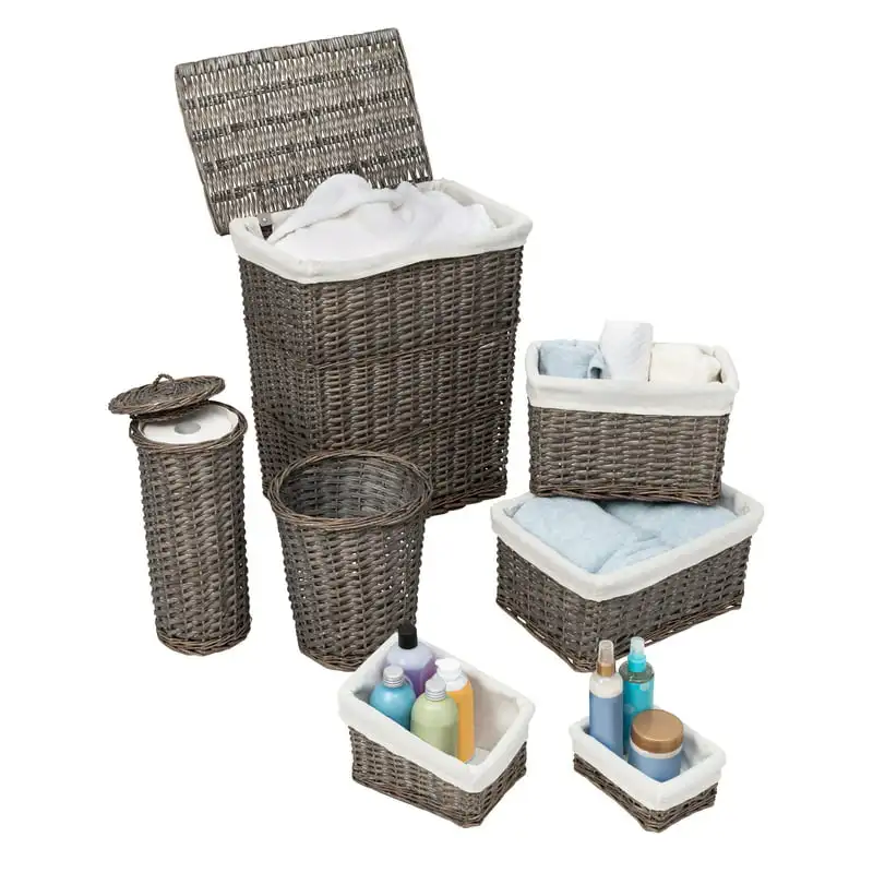 

free shipping 7-Pieces Split Willow Woven Bathroom Storage Basket Set, Gray