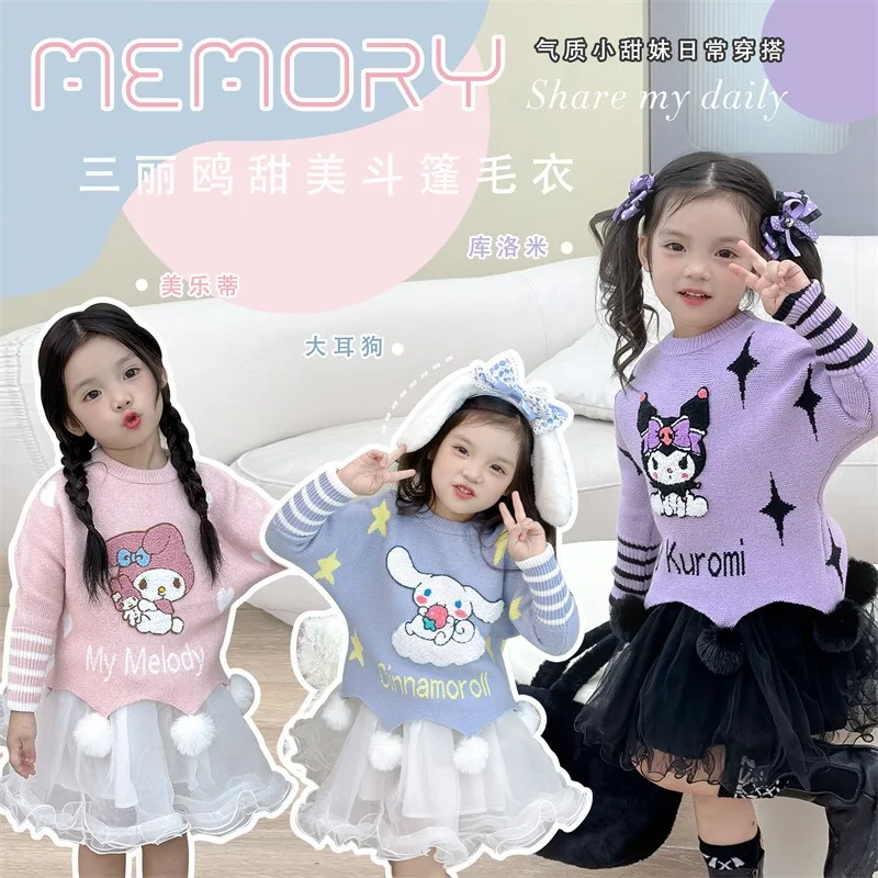 

2023 Sanrio Kuromi Melody Cinnamoroll Cape Sweater Tops Kids Fall Clothes 2023 Girls Mother Kids Anime Cute Items Kawaii Autumn