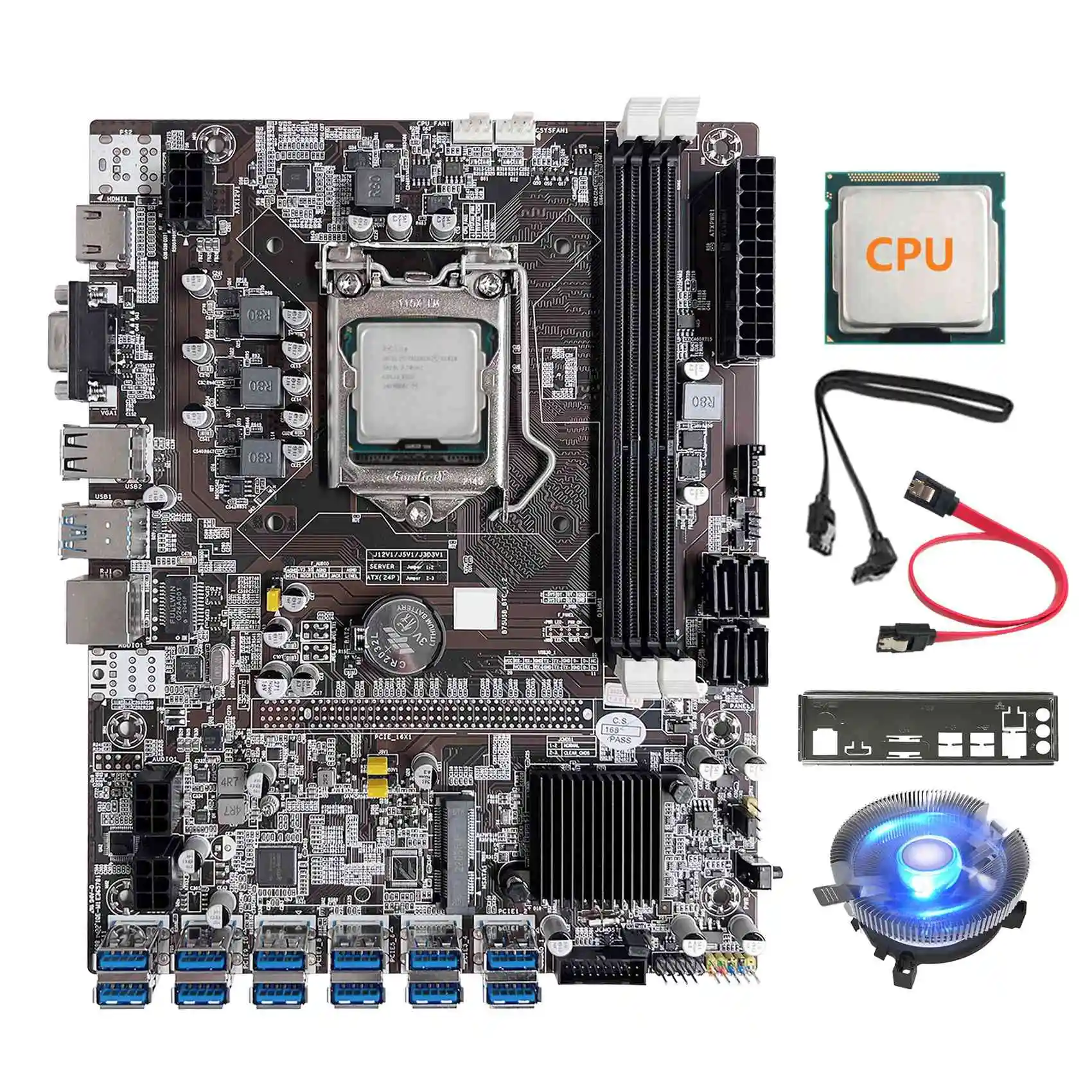 B75 12 Card BTC Mining Motherboard+G530/G1630 CPU+Cooling Fan+2XSATA Cable+Bezel 12XUSB3.0 GPU LGA1155 DDR3 RAM MSATA