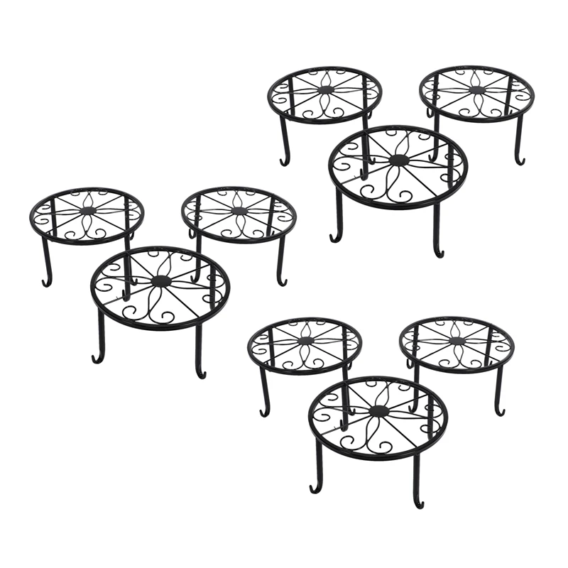 9 Pack Metal Potted Plant Stand Floor Flower Pot Rack Decorative Pot Garden Container Round Supports Rack (Black)
