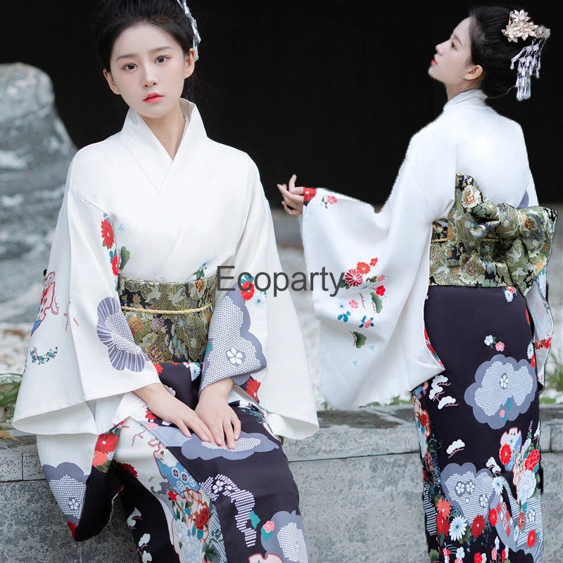 

Женское традиционное кимоно, элегантное японское улучшенное кимоно с белым принтом в стиле ретро, юката, женская одежда для фотосъемки