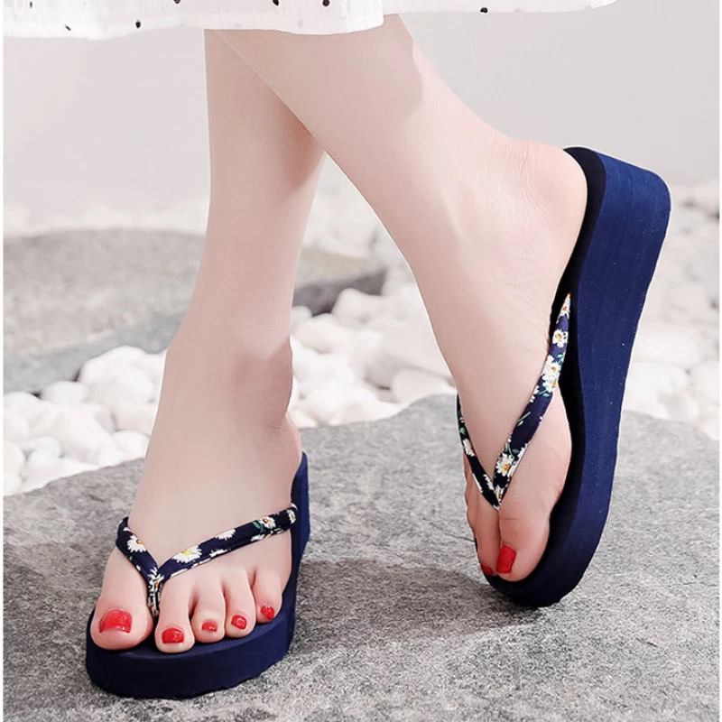 Summer Outdoor Beach Women's Flip Flops Fashion Bohemian Flowers Print Casual Comfortable Platform Wedges Slippers Women 2023