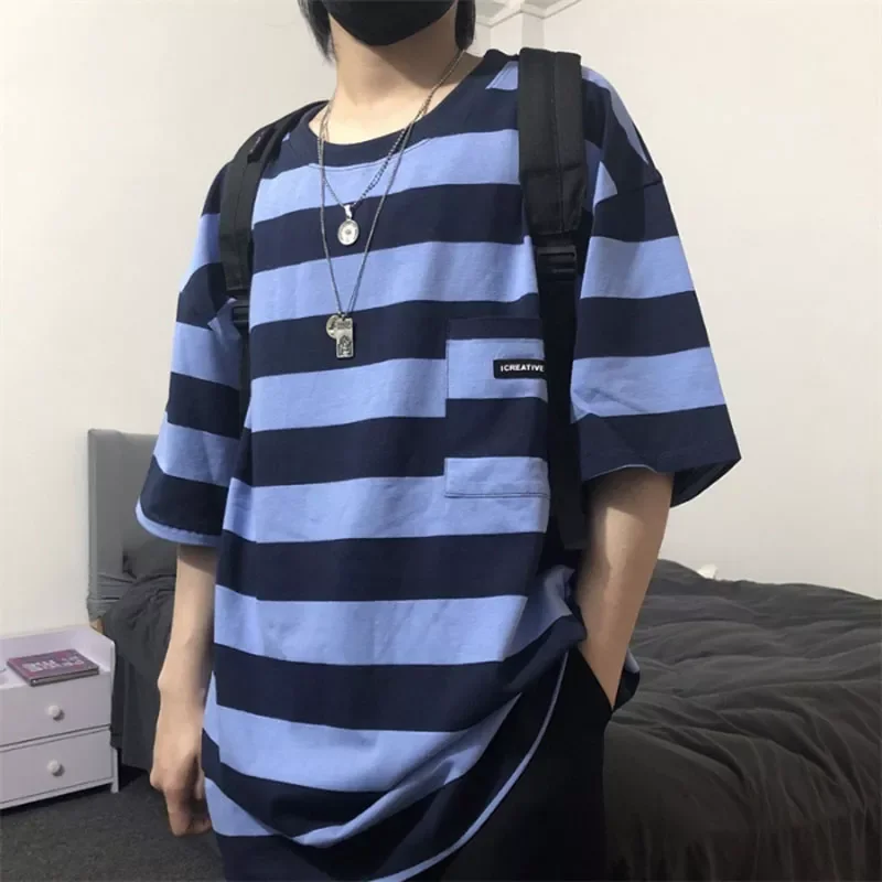 

Hot Hip Hop Stripe Youthful Vitality Short Slevees t Shirt Harajuku Loose Unisex Punk Style Casual Top Kpop Pullover Streetwear