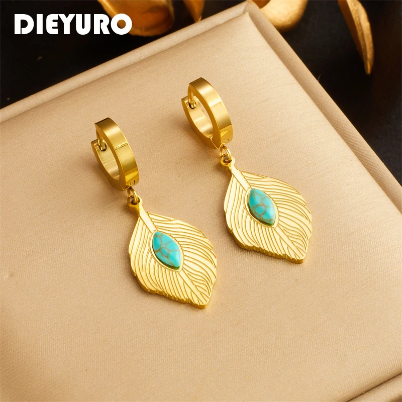 

DIEYURO 316L Stainless Steel Leaf Green Stone Earrings For Women Girl Fashion Ear Buckle Gold Color Waterproof Jewelry Gift