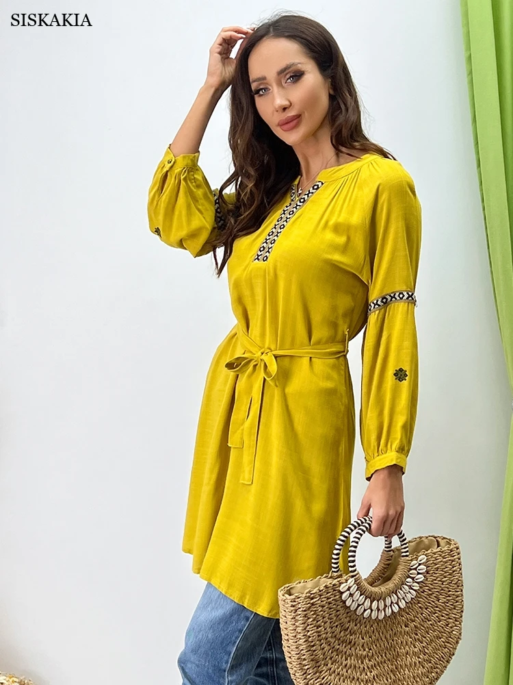 

Siskakia богемное этническое вышитое мини-платье для женщин Лето 2022 с v-образным вырезом с длинным рукавом свободное повседневное арабское Оман...