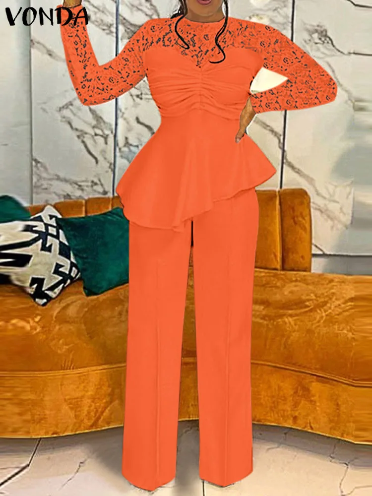 

VONDA 2023 Элегантный Топ с длинным рукавом и широкие брюки женские брюки комплекты осенние кружевные лоскутные плиссированные костюмы из двух ...