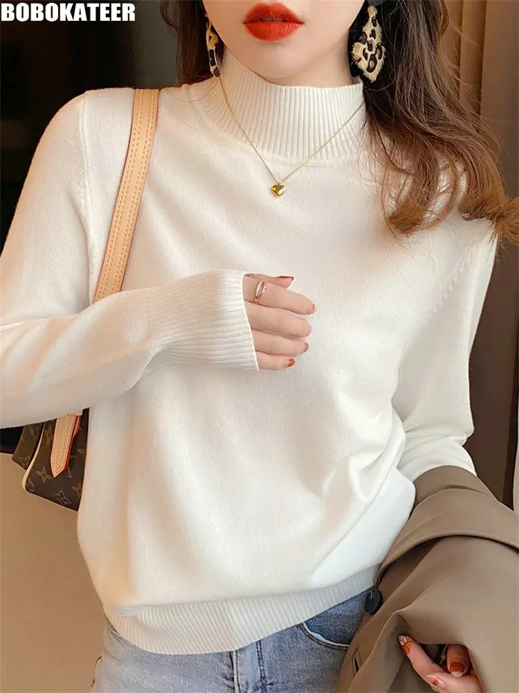 

BOBOKATEER White Knit Sweater Women Clothes Black Pullover Tops Long Sleeve Knitwears Basic Jumper Turtleneck Sweaters Fall 2023
