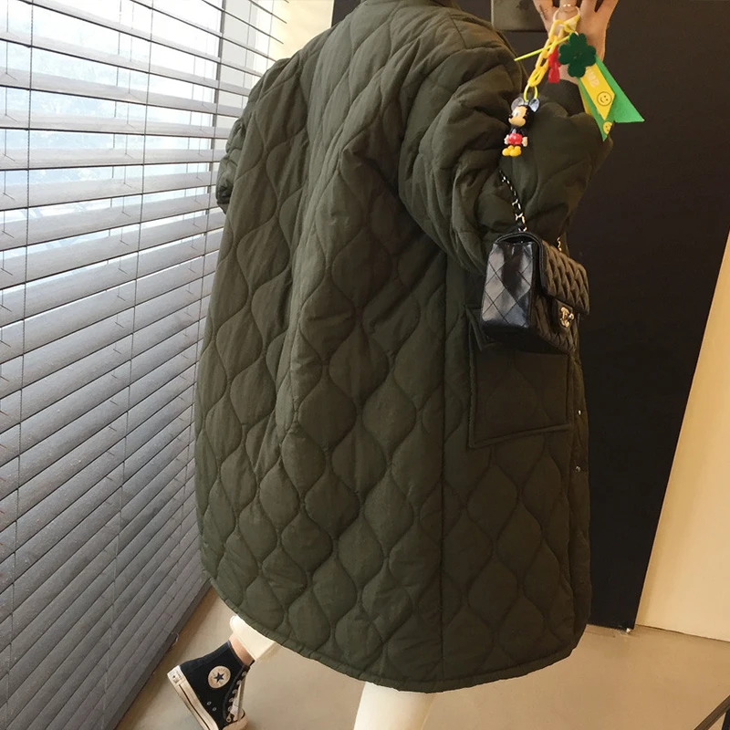 Chic Autumn Winter Women's Diamond Padded Coat Fashion Solid Thickening Parkas Ladies Vintage Single-Breasted Long Coat