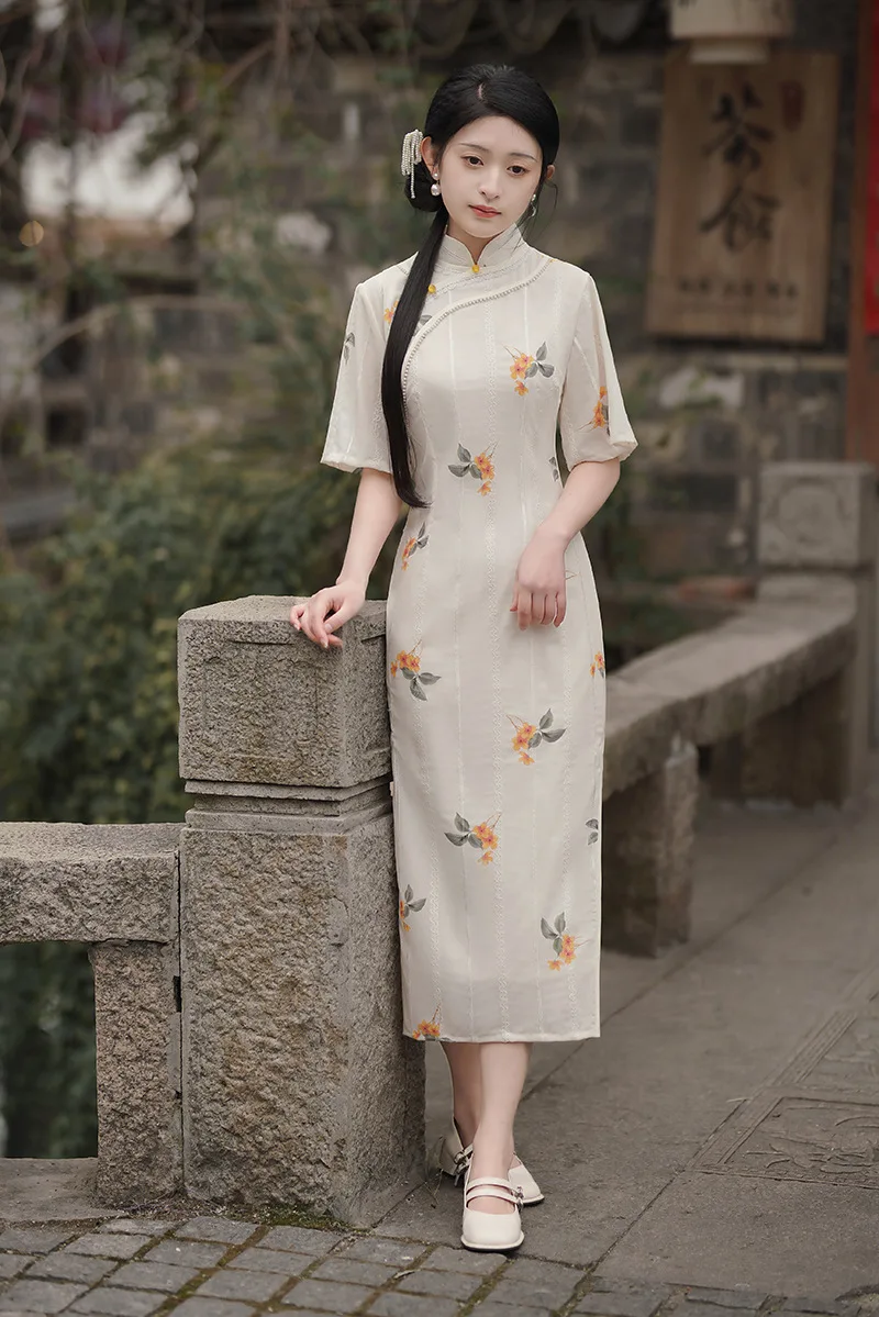 Traditional Chinese Mandarin Collar Cheongsam Woman Sexy Slim Floral Print Qipao Dress Elegant Vestido