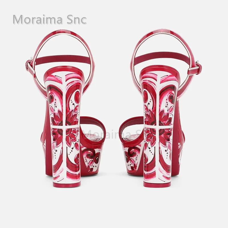 Red Print Waterproof Platform Chunky Heels Sandals for Women 14Cm Open Toe High Heels One Belt Buckle Strap Boho Vacation Shoes