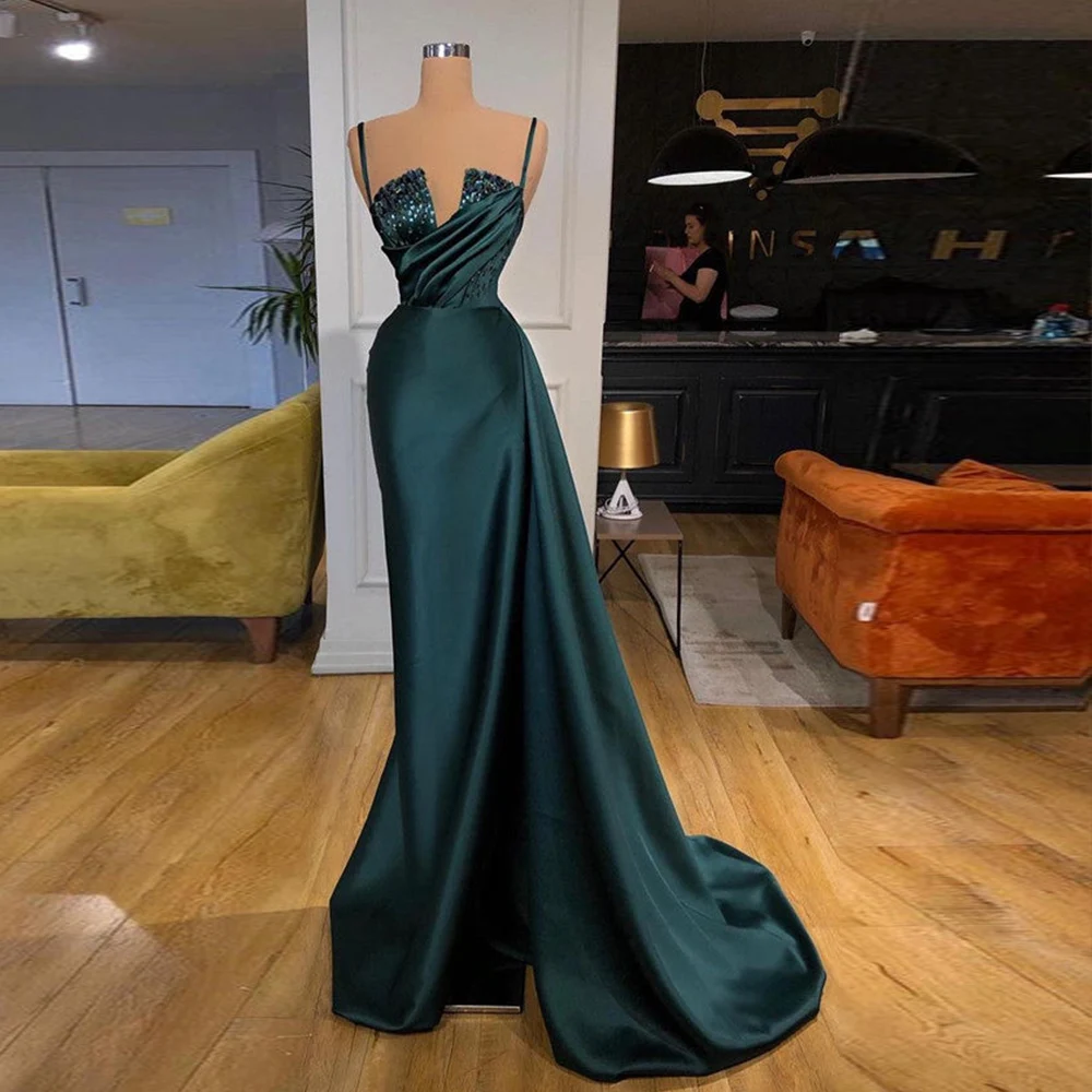 

Long Classic Formal Evening Dress Elegant Spaghetti Strap Mermaid Prom Party Dresses Floor Length Pleated Sequined Evening Gown