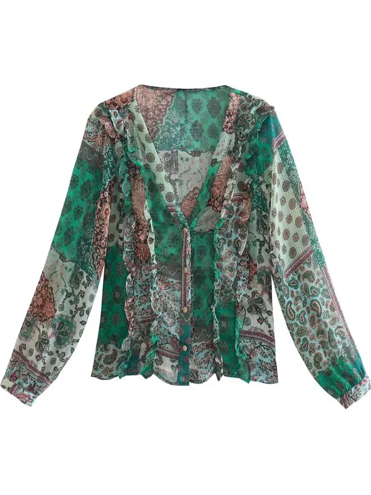 

Women 2022 Fashion V-Neck Patchwork Printed Ruffles Shirts Vintage Long Sleeve Button-up Female Blouses Blusas Chic Tops