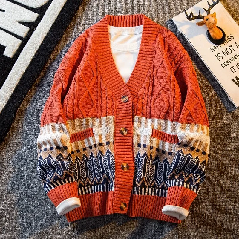 

Новинка Осень-зима 2023, модный трендовый кардиган с принтом, свитер, мужской повседневный свободный плотный теплый Высококачественный свитер большого размера