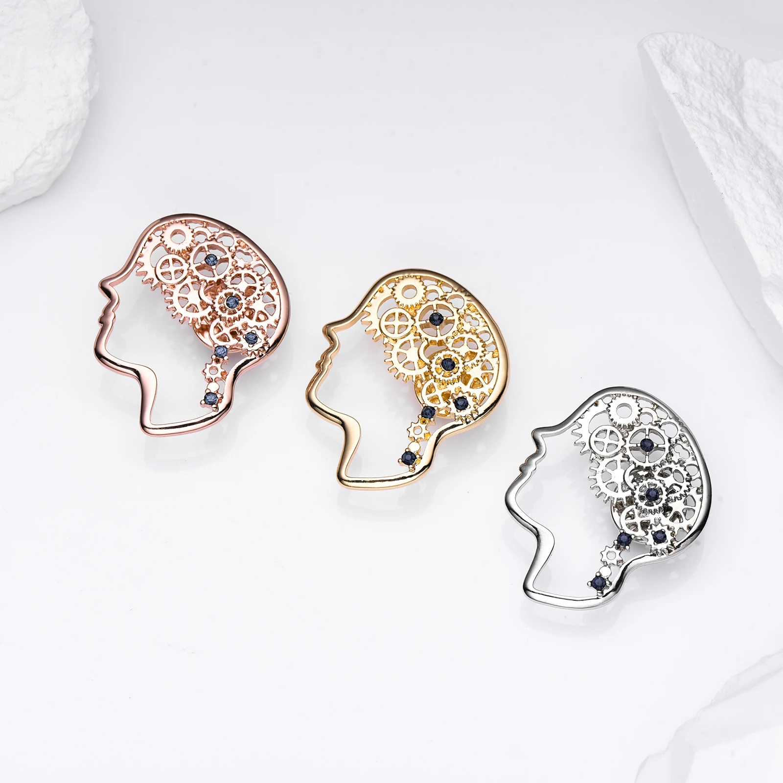 Brain Head Gear Brooch Pins Classic Gold Color Metal with Crystal Medical Lapel Badge Jewelry for Doctor Nurse