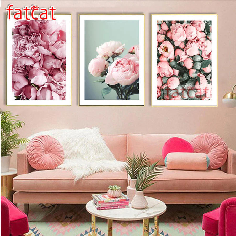 

FATCAT diy 3 piece abstract mosaic Peony diamond painting triptych full rhinestone embroidery pink flower home decor AE3356