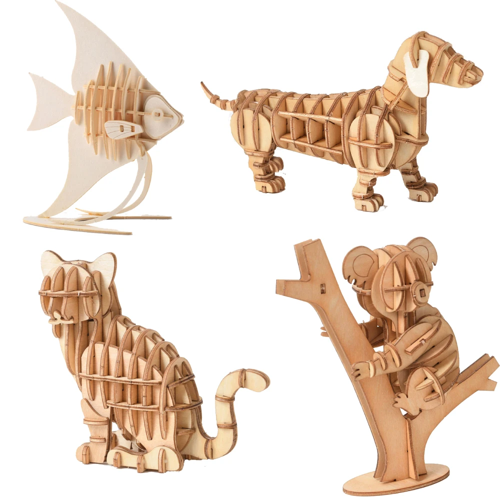 

3D Wood Animal Jigsaw Board Toys Kids Cat Assembly Building Block Handmade Laser Cut Montessori Fish Koala Puzzles Model