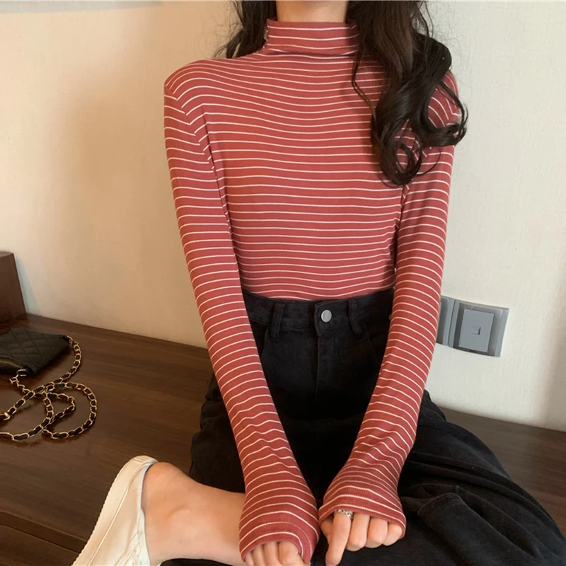 Женская Полосатая Футболка harajuku с длинным рукавом и высоким воротником |