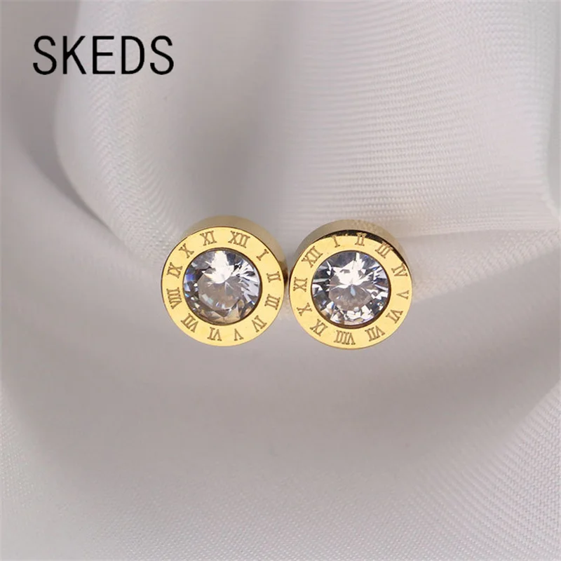 

SKEDS Women Girls Korean Style Crystal Round Roman Numerals Stud Earrings Fashion Jewelry Accessories For Lady Elegant Ear Rings