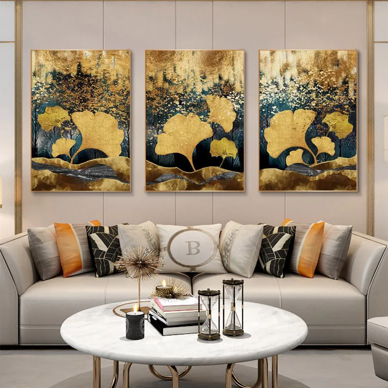 Абстрактная Картина на холсте с золотыми желтыми листьями плакаты и принты
