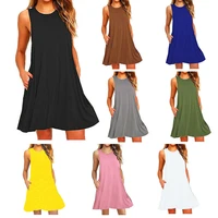 summer sundress women fashion sleeveless solid color pocket loose party dress