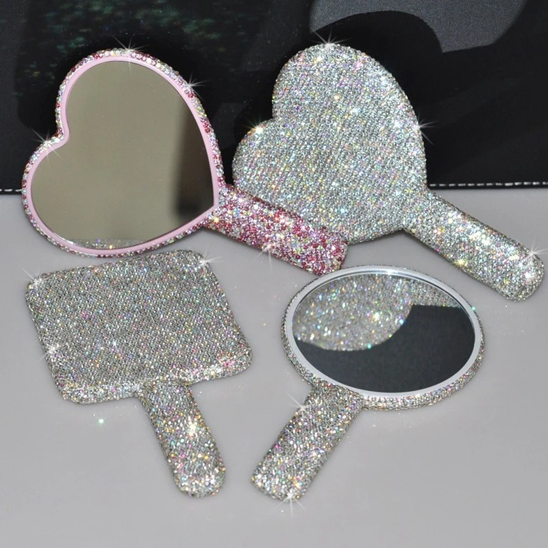 

Ручное зеркало Bling, портативное дорожное компактное зеркало с квадратной алмазной ручкой для спа-салона, женские принадлежности для макияж...