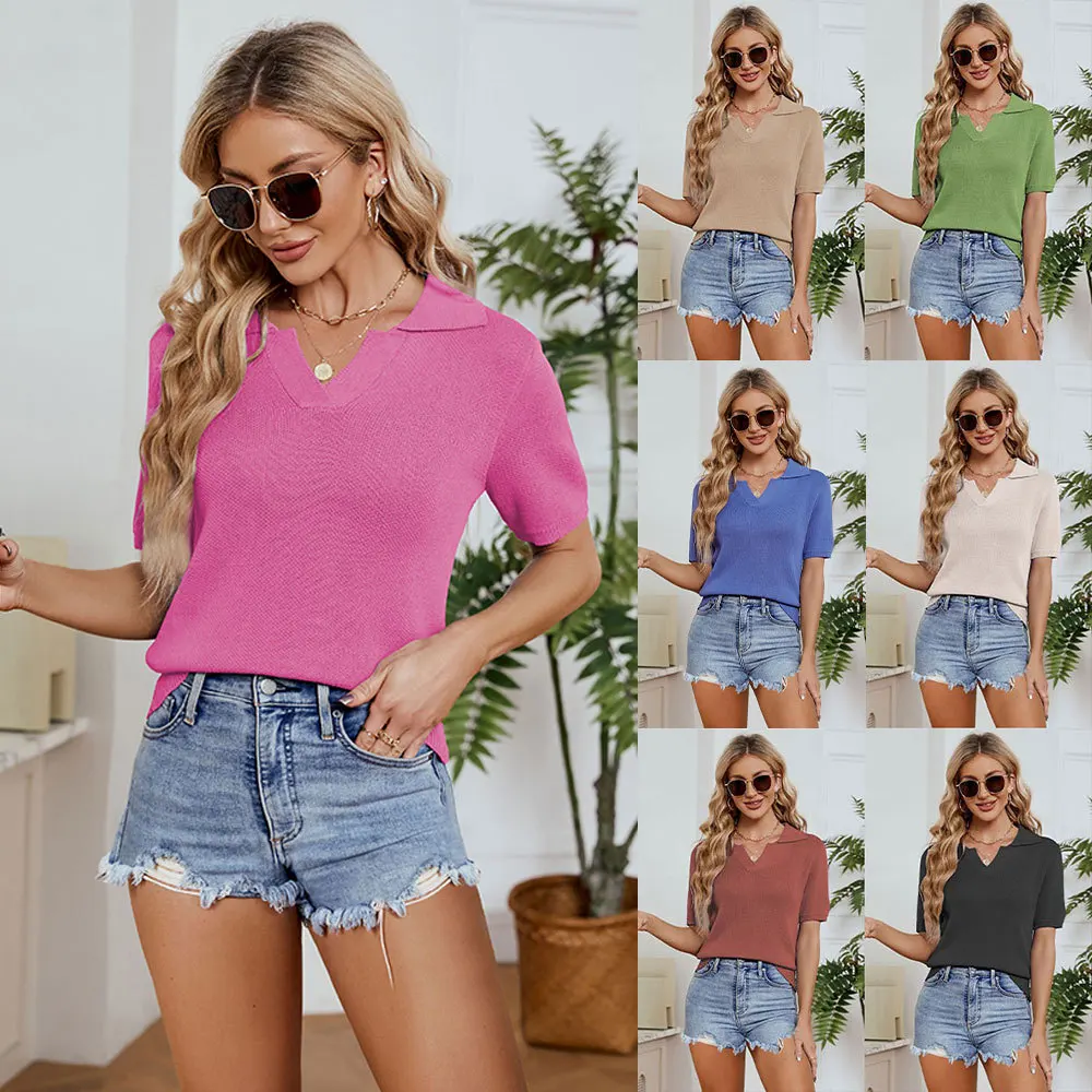 

2023 women's Plain v-neck knitted short-sleeved T-shirt