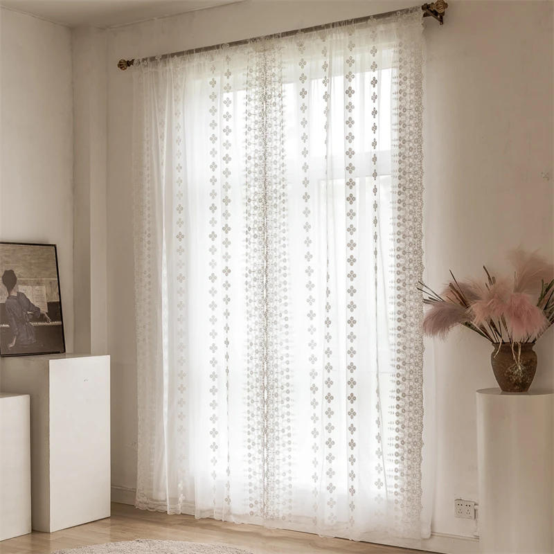 

French White Sheer Tulle Embroidered Lace Balcony Curtains For Bedroom Drapes Living Room Window Polyester Cotton Tulle Curtains