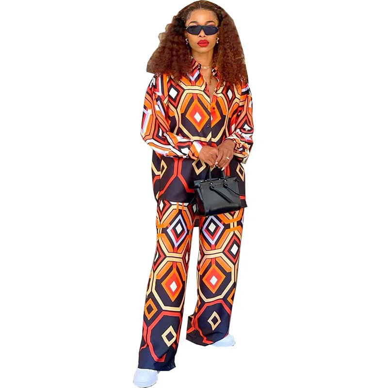 

Весна-Осень 2023, африканские женские комплекты из двух предметов с длинным рукавом, V-образным вырезом и принтом из полиэстера, топ и длинные брюки, африканская одежда для женщин