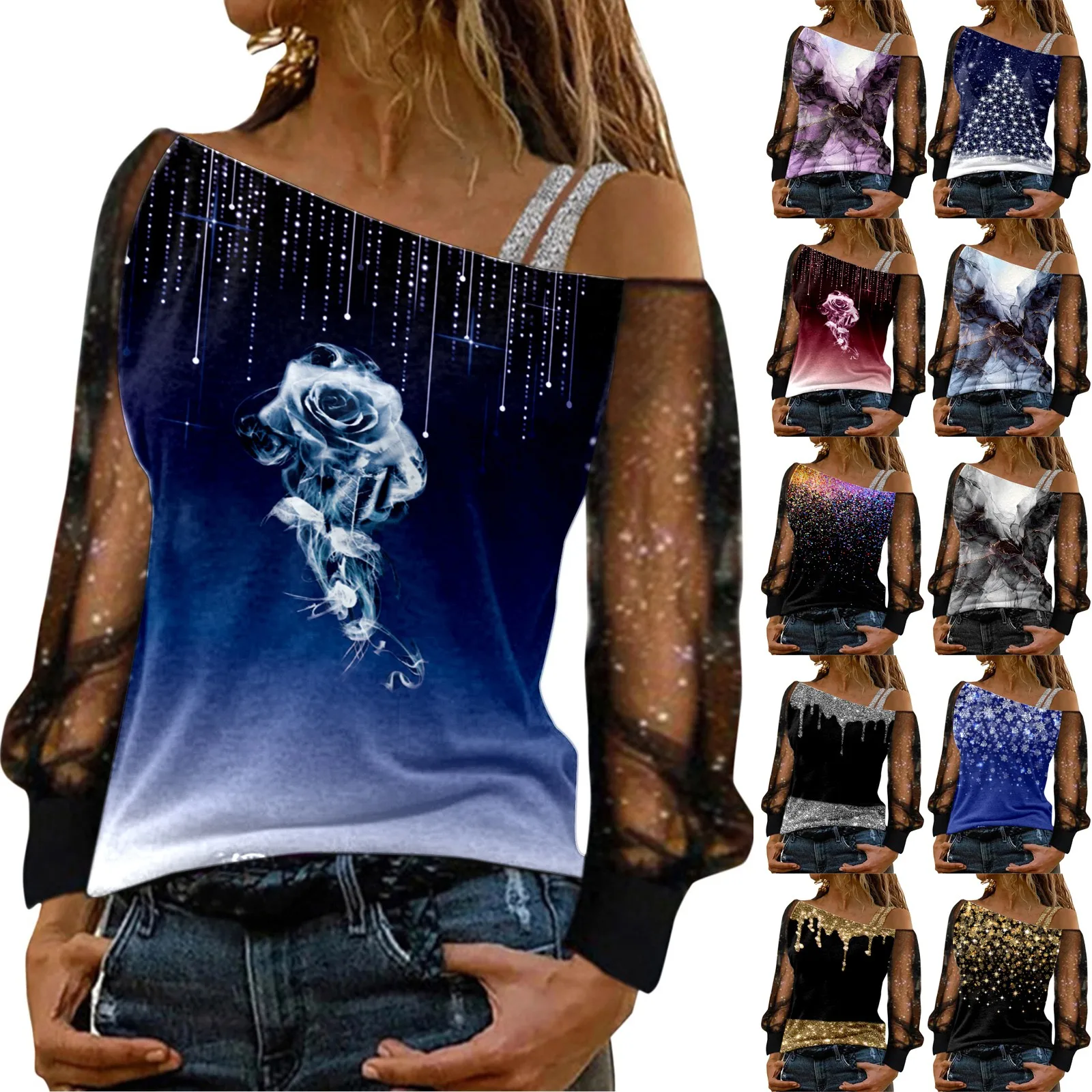 Купи Cold Shoulder T Shirt Women Sequin Mesh Tshirt Fashion Print Long Sleeve Spliced Pullover Tops Harajuku Casual Tee Shirt 2023 за 255 рублей в магазине AliExpress