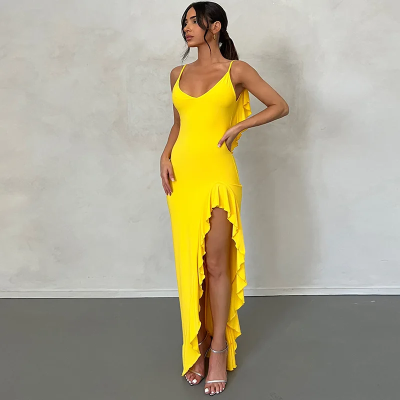 

V-neck Ruffle Backless Sleeveless Sling Dress Sexy Split Women's Pleated Beach Holiday Gown Summer Fashion Slim Party Club Dress