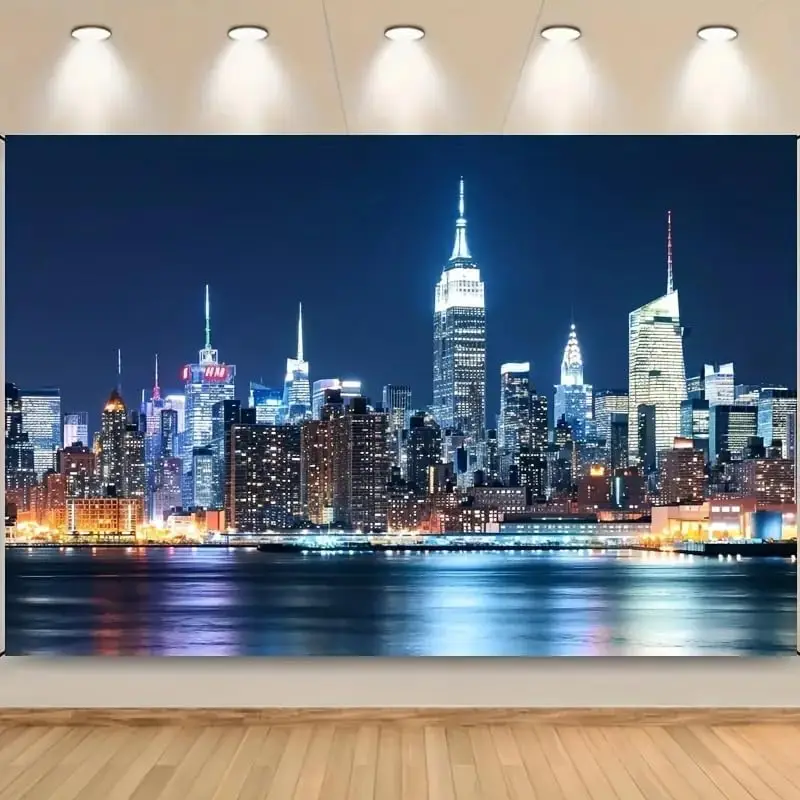 Фото Гобелен New York Skyline — вид на город окно с рекой и ночными огнями для декора гостиной, спальни или общежития №4