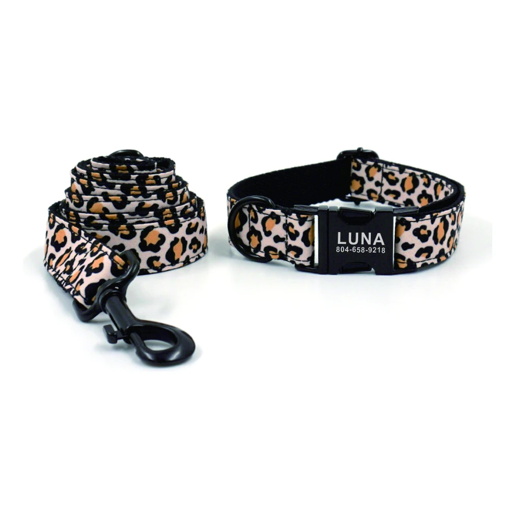 Personalized Dog Collar Custom Puppy Nameplate ID Tag Adjustable Black Buckle Leopard Print Basic Pet Collars Lead Leash Set