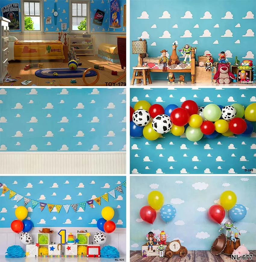 

Toy Story Photography Backdrops for Kids Boy Birthday Party Supplies Decor Blue Sky White Clouds Wall Cartoon Photo Background