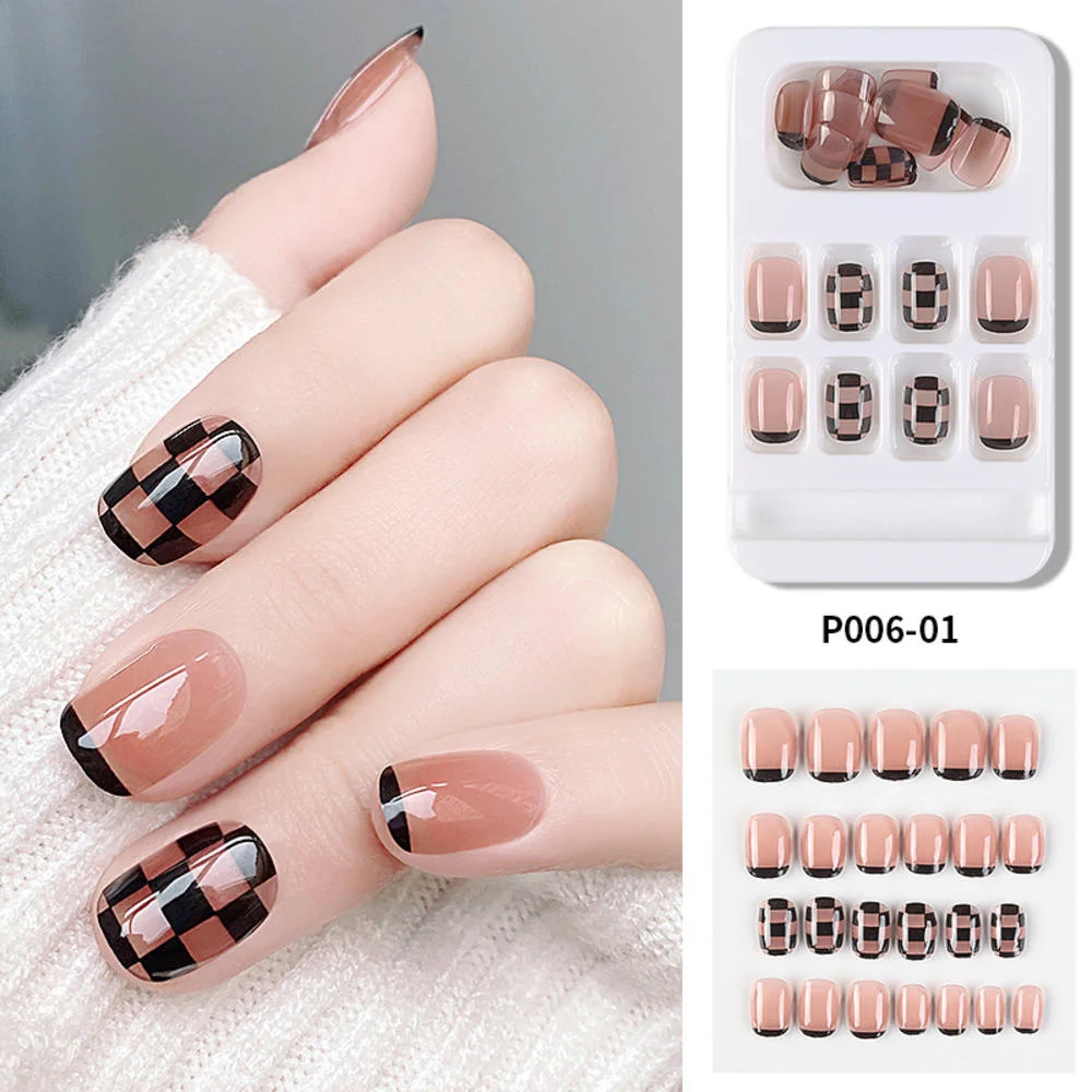 

24pcs Wearable Nail Art Short Fake Nail Designs Glossy Full Coverage Check Pattern Fake Nails On Acrylic Nails For Women Girls