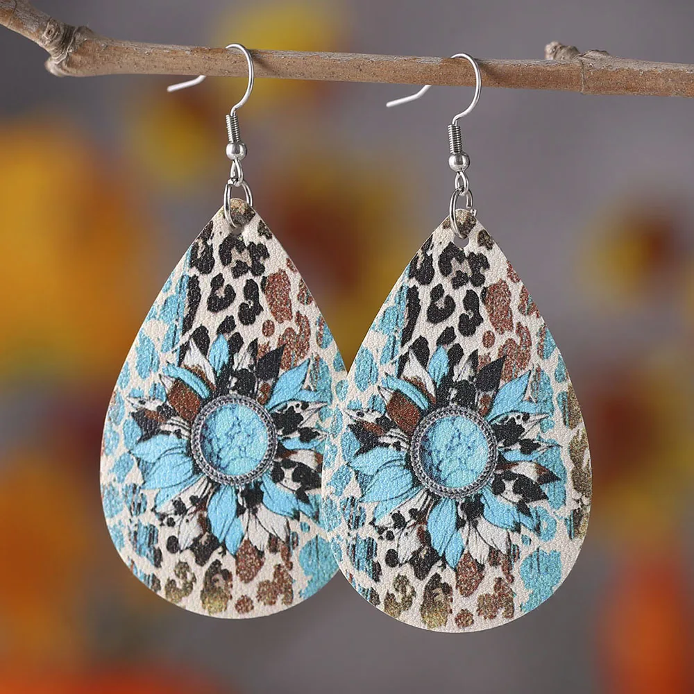 

Simple Vintage Western Denim Earrings Turquoise Cow Print Leopard Patched Water Drop Earrings Double sided PU Leather Earrings