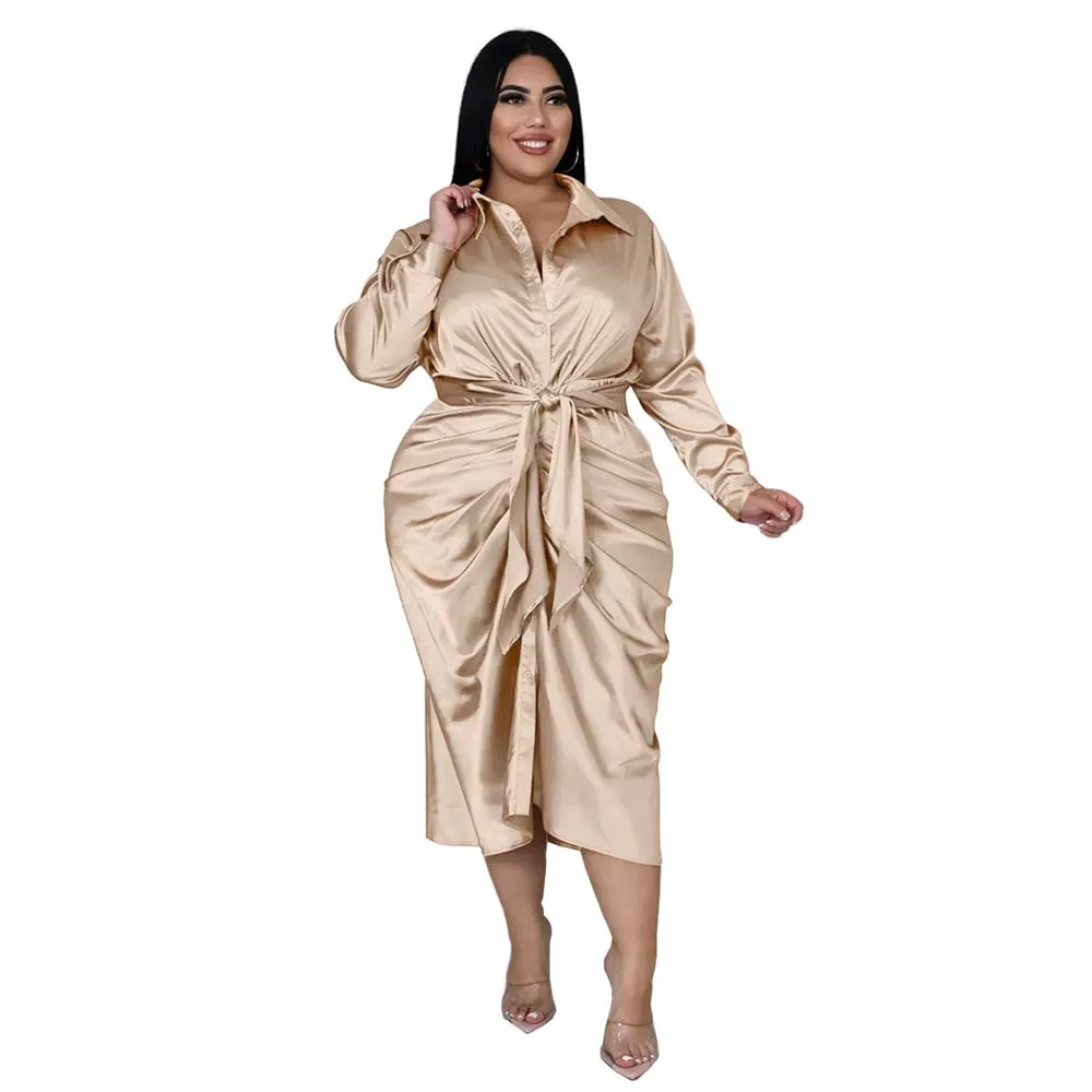 Dress Office Lady Midi Fashion Stain Women Long Sleeve Robe Large Sizes Curve Female Casual Pleated Female Shirt Dress Plus