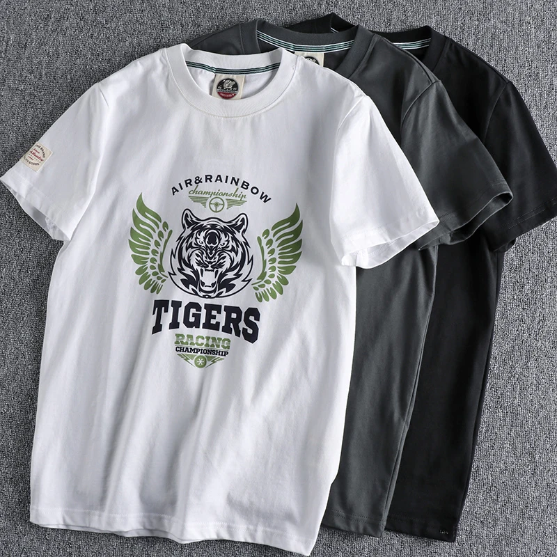 

Summer New American Retro Short Sleeve O-neck Wings Tiger Head Printed T-shirt Men's Fashion 100% Cotton Washed Old Casual Tops