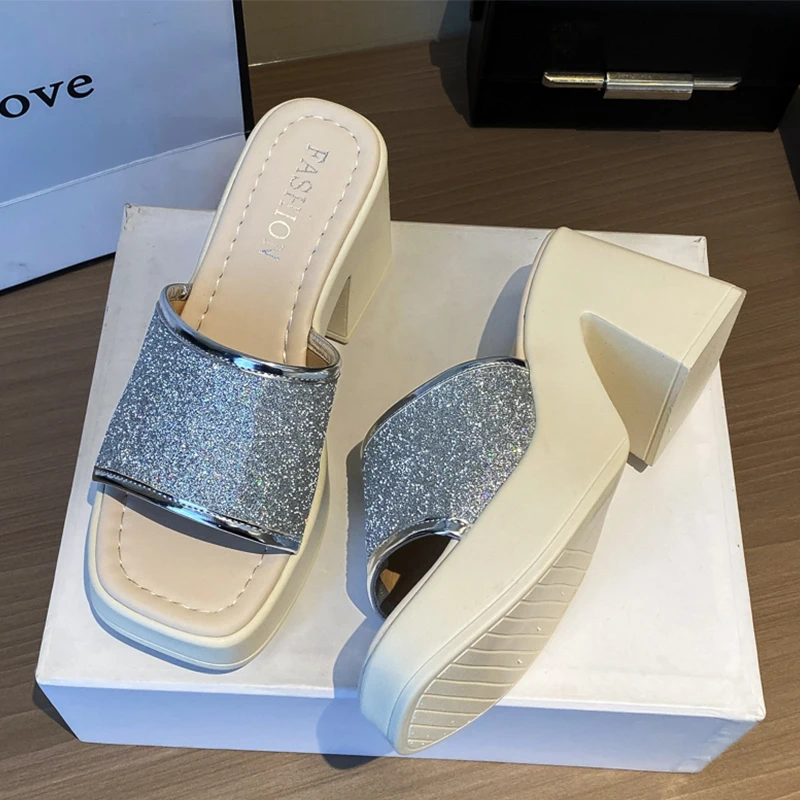 

High Heels Shoes Women Slippers Bling Party Slingbacks Sandals 2023 Summer New Pumps Shoes Dress Slides Flip Flops Femme Zapatos