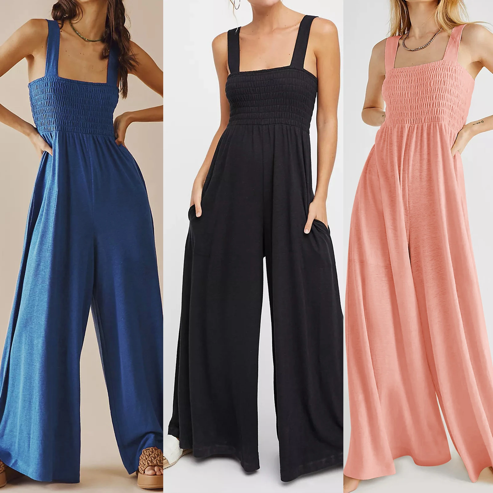 

Summer Womens Jumpsuits Wide Legs Bodysuits Sleeveless Female Jumpsuits Off Shoulder Female Clothing Romper Long jumpsuits