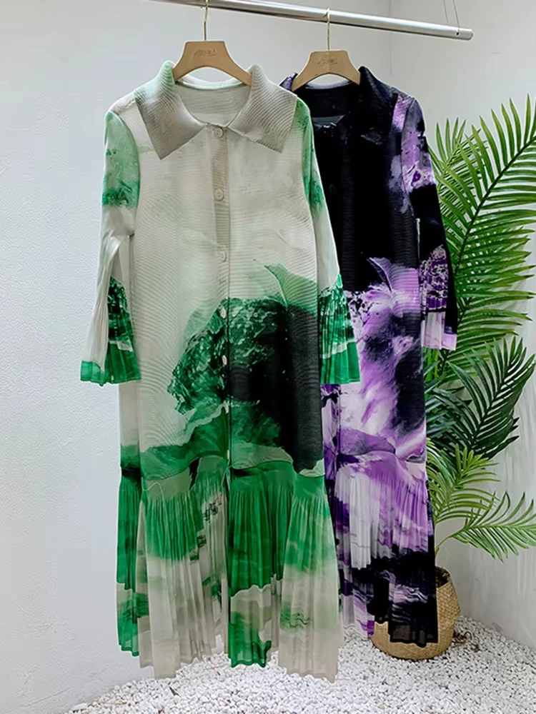 ANLAN винтажное плиссированное платье с принтом для женщин однобортное длинное