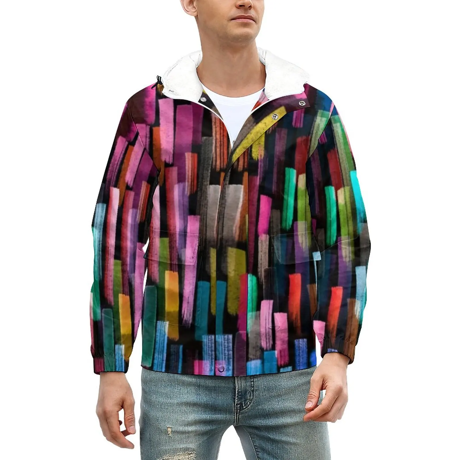 

Multi Geo Print Jackets Mens Watercolor Stripes Warm Winter Coats Trendy Casual Windbreakers Design Outdoor Jacket Large Size