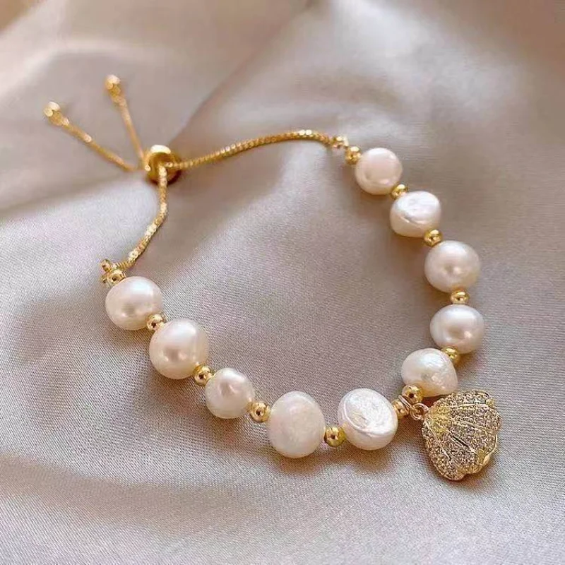 

Korean Fashion Pearl String Personality Gold Shell Adjustable Bracelet Ins Temperament Light Luxury Girlfriends Hand Jewelry