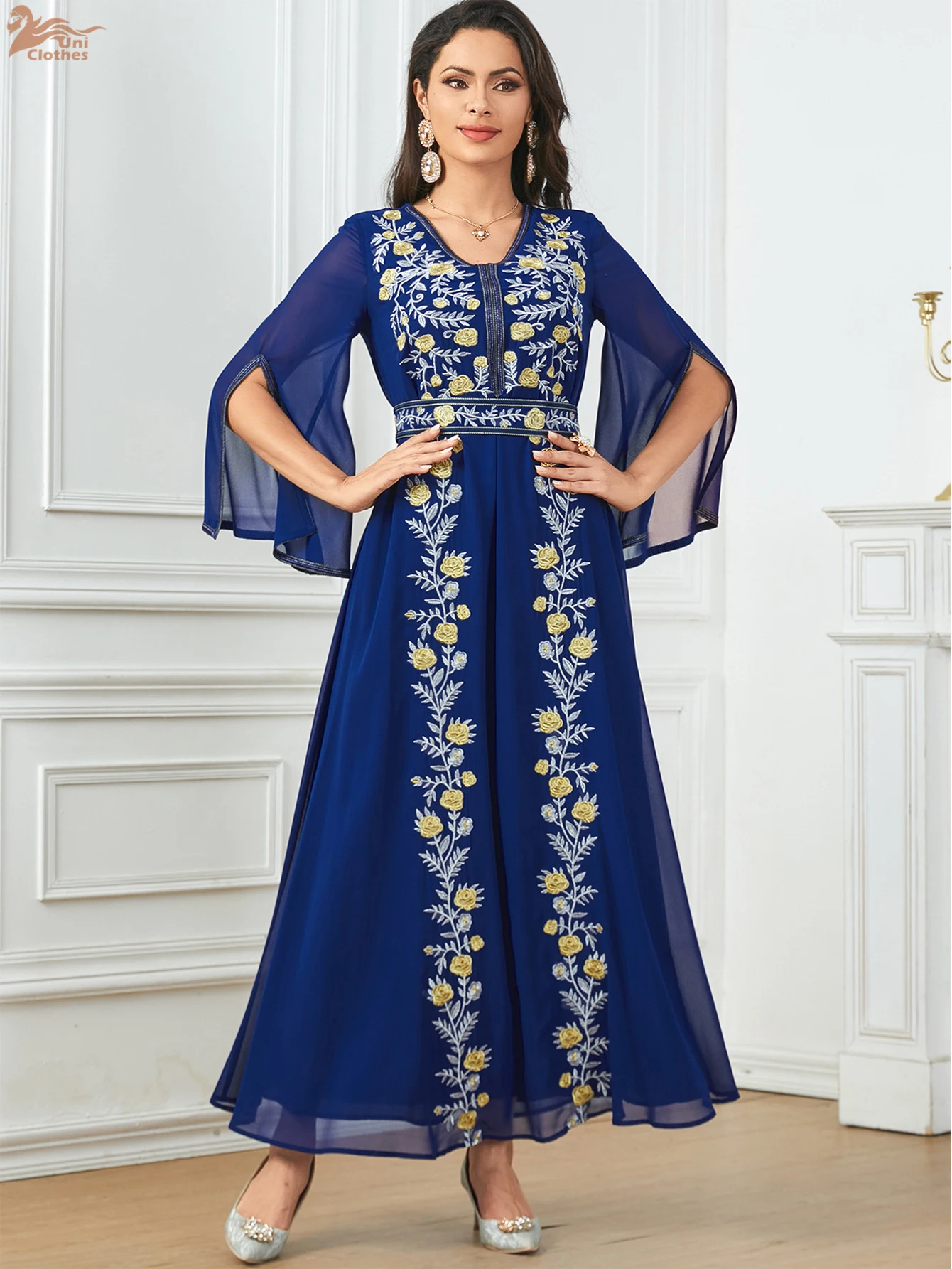 Мусульманские модные платья Рамадан с вышивкой для женщин сетчатый рукав