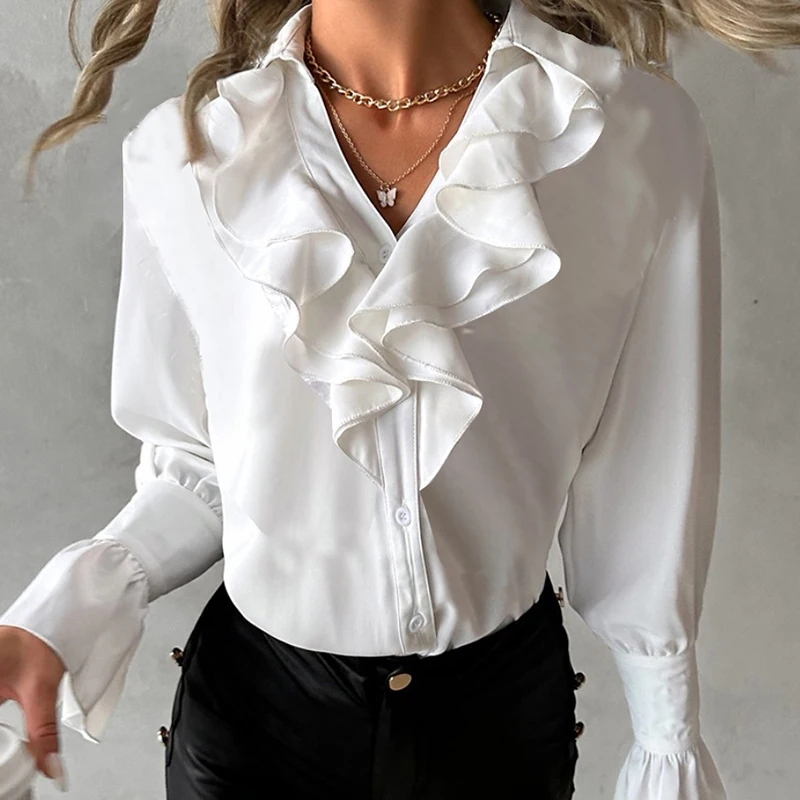 

Office Lady Single Breasted Ruffles Blouse 2024 Spring Long Sleeve V-Neck Commuter Shirts Top Elegant Women Slim Solid Blusas