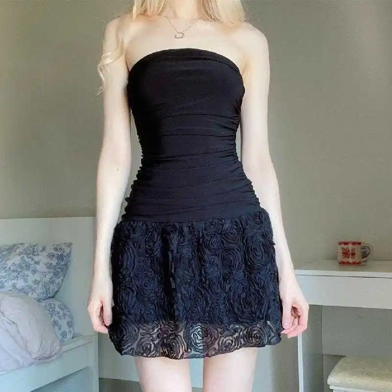 

Style Summer Womens Dress Sexy Girl Off Shoulder Tube Top Lace Pure Pleated For Women